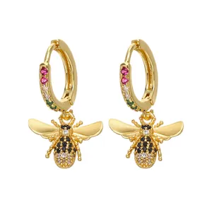 Gold bee hoop earrings with colorful micro-pave crystals for women fashion jewelry