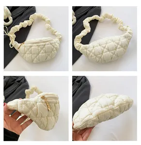 Detailed views of a white quilted bag showing the front, back, and side angles
