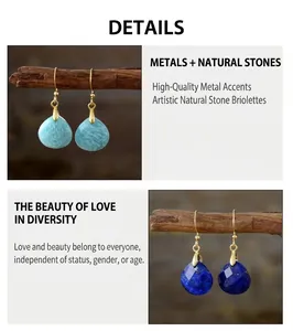Détail des boucles d'oreilles en pierre naturelle en forme de goutte et cuivre doré.