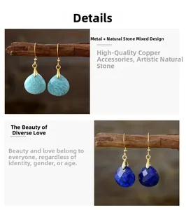 Detailed view showing teardrop-shaped natural stone earrings featuring gold copper hooks.