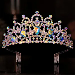 Detailed view of an elegant crystal tiara with iridescent AB stones for bridal wedding wear