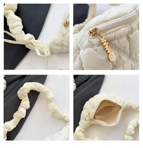 Detailed views of white quilted cloud bag showing zippers and strap texture