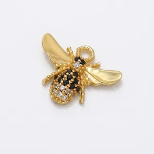 Detailed gold-plated brass bee pendant with micro-pave crystals for jewelry making