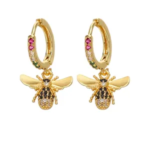 Elegant gold brass bee hoop earrings featuring colorful micro-inlaid zircon stones