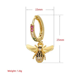 Detailed size measurements of gold bee charm earrings featuring colorful micro-inlaid stones.