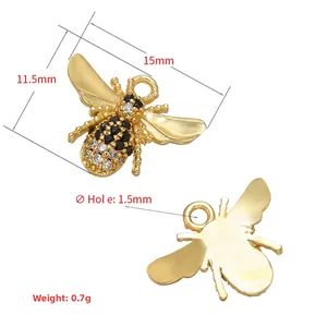 Detailed technical dimensions of gold bee charm with micro-pave colorful crystals and zircons