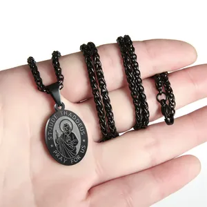 Black St. Jude Thaddeus pendant necklace in durable stainless steel for men and women