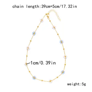 Detail view of a Korean-style flower necklace with chain length and weight info.