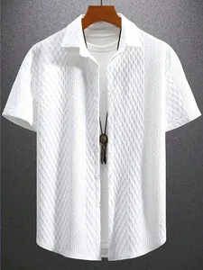 Close-up view of white men's short-sleeved casual shirt with diamond jacquard texture