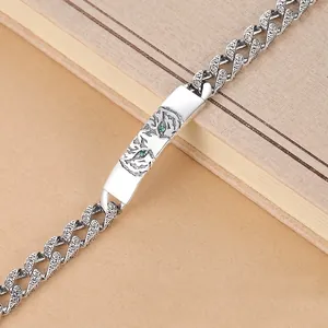 Vintage S925 sterling silver tiger totem bracelet featuring intricate Tang grass pattern
