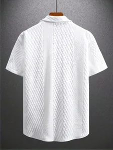 Detailed back view of white jacquard knit short sleeve polo shirt for men with texture