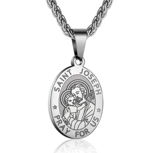 Saint Joseph medal pendant necklace in polished stainless steel for men and women