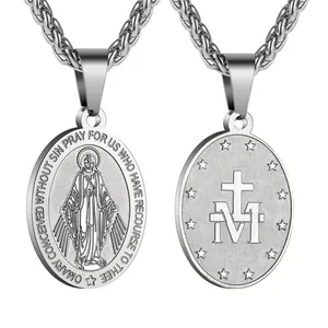 Premium stainless steel Miraculous Medal pendant necklace featuring Virgin Mary Art