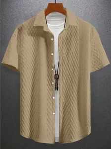 Men's khaki short sleeve knit casual shirt with textured jacquard lapel collar