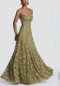 Elegant olive green textured sleeveless maxi dress with a waist cinching design