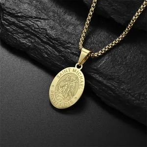Gold-plated stainless steel Saint Michael medallion pendant necklace for men and women