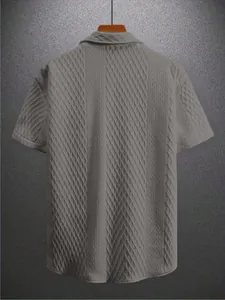 Back view of men's short sleeve knitted polo shirt with textured jacquard pattern