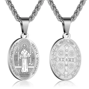 Collier pendentif médaille Saint Benoît double face en acier inoxydable en argent