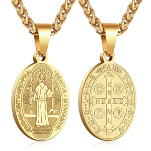 Collier avec médaille de Saint Benoît double face en acier inoxydable doré pour tous.