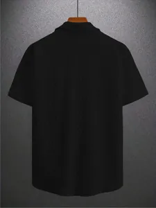 Back view detail of casual men's black short sleeve knit shirt with jacquard texture