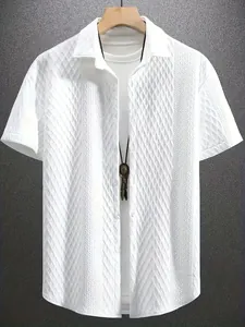 Men's Casual Short Sleeve Knit Shirt Jacquard Texture Lapel Collar Solid Color Polyester Button Up Top Summer Fashion
