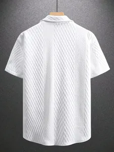 Men's white short-sleeved polo shirt with textured geometric knit jacquard pattern