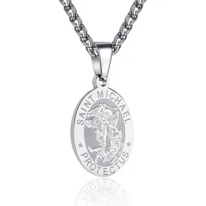 Collier avec pendentif médaille Saint Michel en acier inoxydable poli pour hommes et femmes