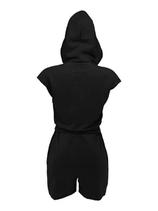 Detailed back view of a grey hooded sleeveless sportswear set with elastic shorts