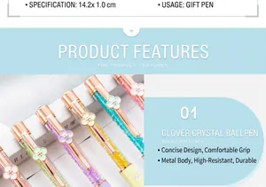 Close-up detail of creative four-leaf clover crystal ballpoint pens with rose gold accents