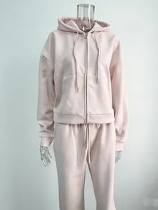 Soft pink women's two-piece casual hooded zipper sweatshirt and matching sweatpants set
