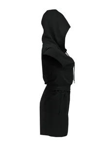 Side view of a women's black hooded short sleeve and shorts set for summer sports.