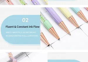 Close-up detail of colorful ballpoint pens with clover motifs and rose gold nibs