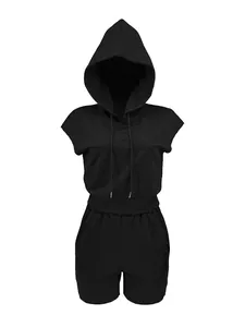 Detailed view of a black hooded short-sleeved casual sports two-piece set for women.