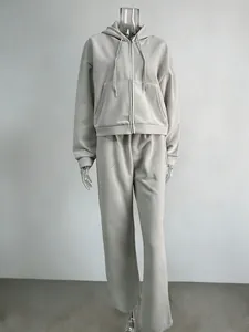 Full front view of women's grey zip-up hoodie and loose-fit sweatpants on a clear mannequin