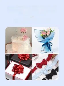 Detail showing hollow lace ribbons used for flower bouquets and gift box decorations.