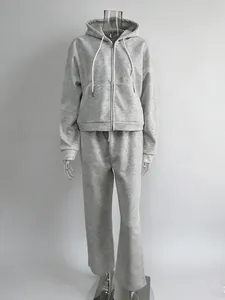 Casual grey heathered zip-up hoodie and wide-leg sweatpants two-piece set for women