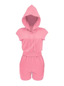 Pink hooded short-sleeve top and shorts set for women's casual sportswear.