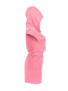 Side profile of a pink hooded short sleeve sports two-piece set for casual summer wear