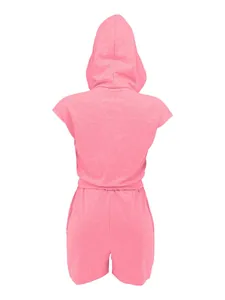 Back view of a vibrant pink sleeveless hooded romper set with elastic waist and pockets