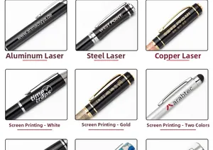 Macro view of custom logo printing and laser engraving options on metal ballpoint pens