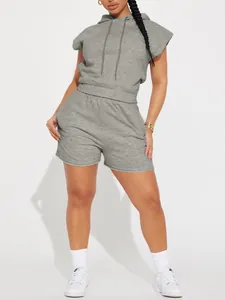 Comfortable women's grey casual two-piece set with short sleeve hoodie and shorts.
