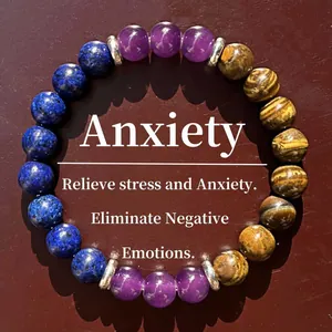Detailed view of healing crystal bracelet with tiger eye, amethyst and lapis stones