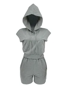 Gray women's summer hooded short sleeve top and shorts sports casual two-piece outfit.