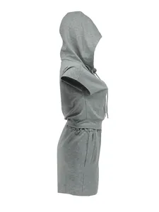 Side view of grey women's hooded short sleeve and shorts casual two-piece sports set
