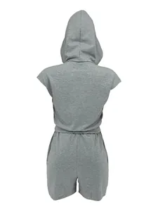 Back view of a grey hooded two-piece casual lounge set for women, sporty style