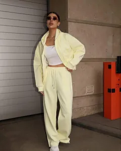 Women's oversized loose casual pale yellow zip-up hoodie and sweatpants tracksuit set
