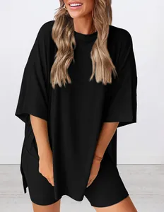 Ensemble pyjama court noir uni et ample pour femmes, vue détaillée du produit