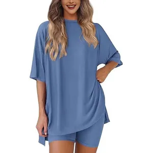 Detailed shot of a blue oversized women's two-piece lounge set with soft ribbed fabric