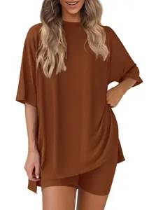 Detailed view of women's solid rust oversized pajama set with ribbed texture