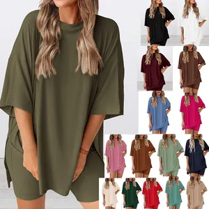 Pyjama Décontracté d'Été pour Femme Haut Et Bas Couleur Unie Oversize Col Rond Manches Courtes Loungewear Short Cycliste